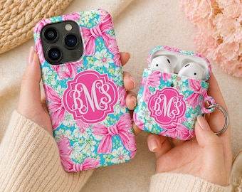Preppy Bow iPhone 15 Pro Case Personalized Monogram AirPods Pro 2 Cover Matching Set Pink Ribbon Flower Floral Case Aesthetic Gift for Her