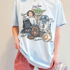 Star Wars Characters Shirt, Baby Yoda Leia Darth Vader Chewbacca Tee, Cute Galaxy Graphic T-Shirt, R2D2 BB8 Fan Gift for Women Chambray/Light Blue