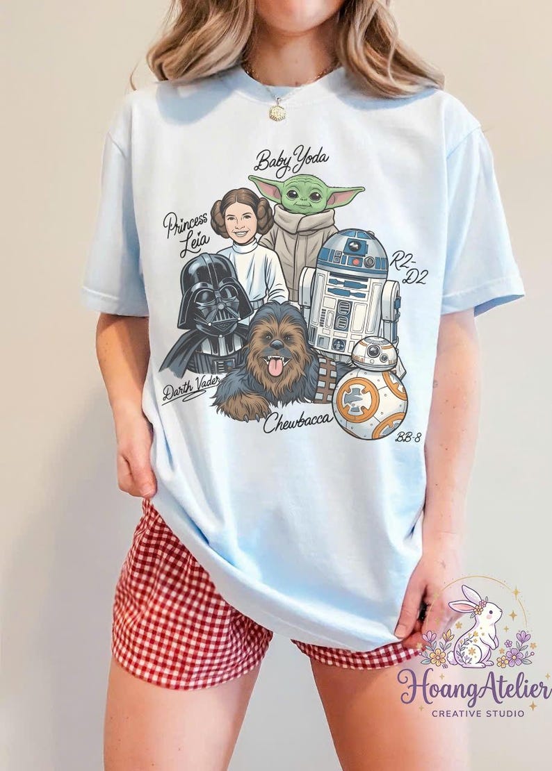 Star Wars Characters Shirt, Baby Yoda Leia Darth Vader Chewbacca Tee, Cute Galaxy Graphic T-Shirt, R2D2 BB8 Fan Gift for Women Chambray/Light Blue