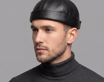 Leather Docker Cap, Unisex Brimless Hat, Minimalist Streetwear Headwear