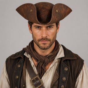 Sombrero de pirata tricornio de piel sintética desgastada / Sombrero de cosplay de estilo colonial renacentista