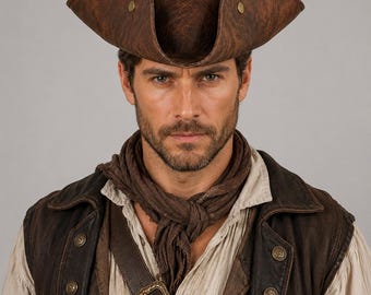 Sombrero de pirata tricornio de piel sintética desgastada / Sombrero de cosplay de estilo colonial renacentista