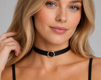 Gargantilla de cuero negro / Collar gótico punk con aro, joyería llamativa estilo grunge Y2K