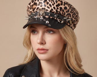 Leopard Print Spider Hoop Newsboy Cap, PU Leather Studded Punk Headwear