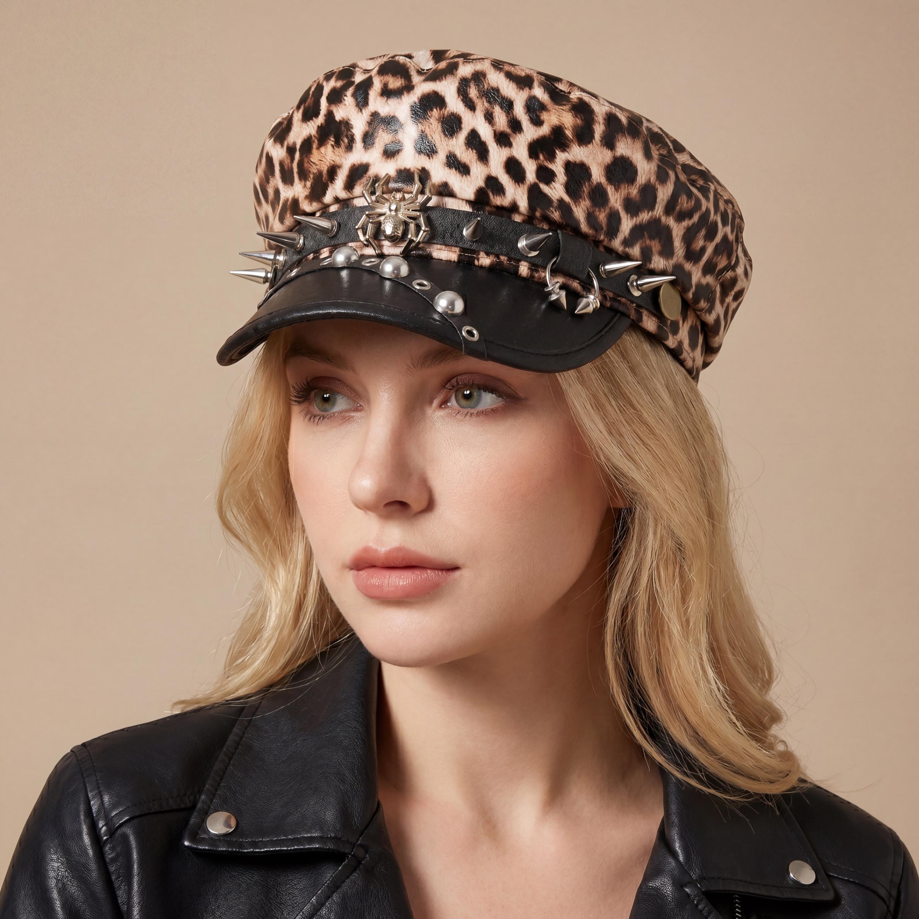 Leopard Print Baker Boy Cap with Black Visor Leopard Print Bakerboy Hat, Faux Fur, Animal Print Cap  main image 4