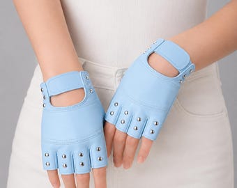 Guantes sin dedos con tachuelas, guantes cortos estilo punk de piel sintética, accesorio para disfraz gótico y motero.