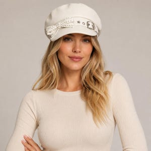 May include: A cream-coloured newsboy cap featuring a decorative band with a side bow, silver-toned metal studs, a small star-shaped charm, and a functional silver-toned buckle. The cap has a structured brim and a smooth, solid-coloured finish.