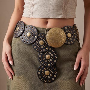 New Boho Brown Faux Leather Circular Disc Statement Belt with Brass Tone Buckle Boho Disc Belt - Etsy main image 3