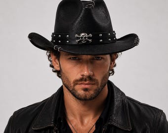 Sombrero vaquero gótico / Sombrero de motero western de piel sintética con tachuelas de calavera y anillos.