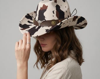 Western Cow Print Cowboy Hat - Wide Brim Rodeo Cowgirl Fedora Ranch Festival Costume Cap