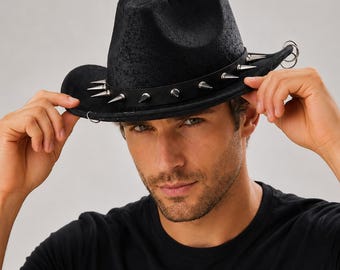 Sombrero vaquero de piel sintética con pinchos, accesorio para festivales del Oeste con tachuelas, detalle de anillo de ala ancha.