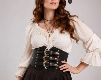 Cinturón corsé pirata de cuero, cinturilla con hebilla dorada, accesorio de disfraz gótico steampunk