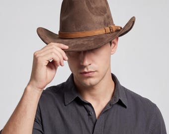 Sombrero vaquero del oeste, fedora de gamuza de inspiración vintage, gorra ranchera de ala ancha, sombrero unisex para exteriores.