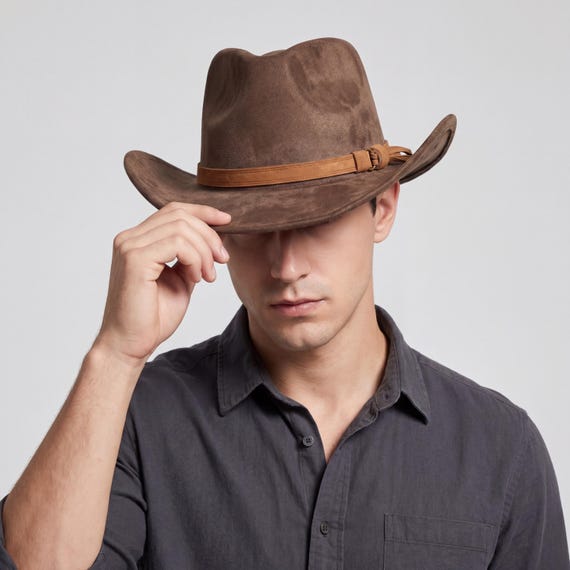 Western Cowboy Hat, Vintage-Inspired Suede Fedora, Wide Brim Ranch Cap, Unisex Outdoor Headwear