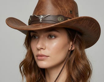 Sombrero vaquero de piel sintética - Estilo rancho de ala ancha - Accesorio vaquero del oeste unisex