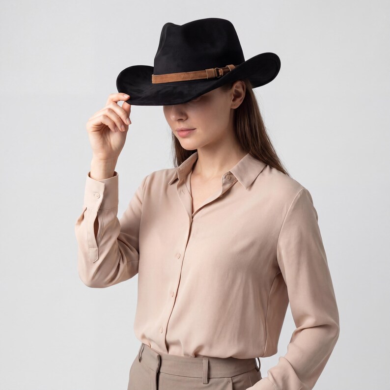 May include: A black fedora-style hat with a brown band. The hat has a wide brim and a structured crown. The hat is worn by a person wearing a light-colored button-down shirt.