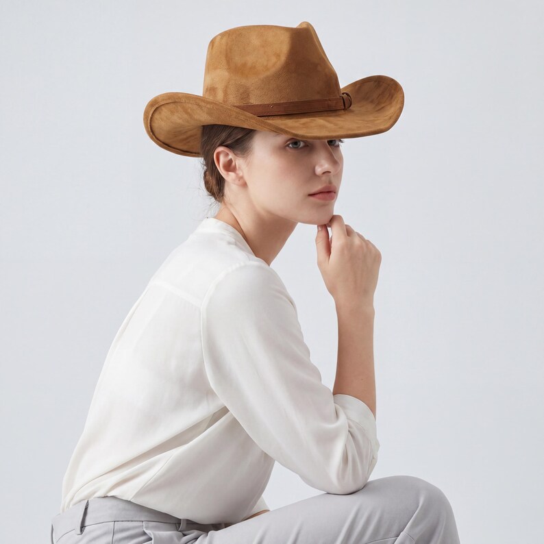 May include: A brown suede cowboy hat with a curved brim and a brown band. The hat is worn by a person wearing a white button-down shirt and gray pants. The hat's brim measures approximately 15 inches in diameter.