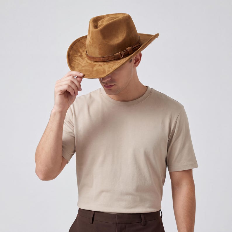 May include: A brown suede cowboy hat with a leather band and buckle. The hat has a wide brim and a classic western style. The hat is worn by a person wearing a beige t-shirt and brown pants.