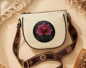 Bolso bandolera con estampado floral de loto y correa ancha, bolso de hombro estilo boho para el día a día.