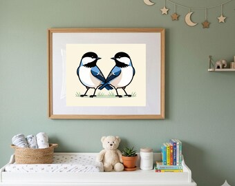 Back Caped Chickadees | Woodland Nursery Decor | Digital Download | Story Book Wall Art Printable