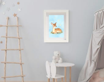 Cozy Deer Fireflies Nursery Print | Storybook Wall Art (Digital Download)