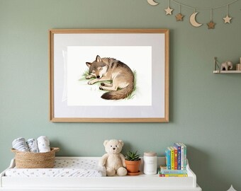 Sleeping Wolf | Woodsy  Nursery Decor | Digital Download | Story Book Wall Art Printable