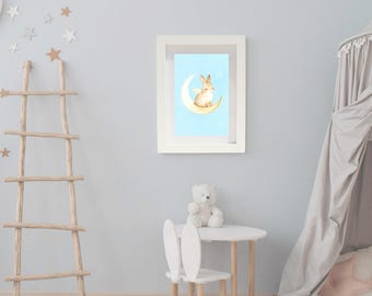 Bunny Sitting Moon Print | Storybook Nursery Wall Art (Digital Download)