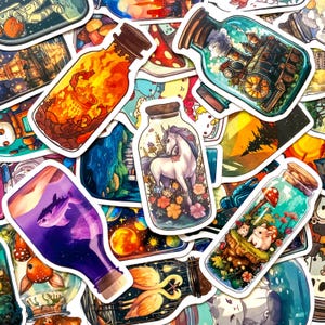May include: A collection of die-cut stickers featuring various glass bottles containing diverse scenes, including a white unicorn among flowers, a steam train, a purple fish in water, a fire-filled bottle, and small animals in a forest setting.