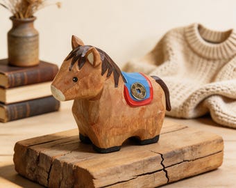 Wooden Horse Toy, Hand Carved Horse Figurine, Rustic Rolling Animal Decor, Nursery Shelf Accent, Gift for Kids, Waldorf Style