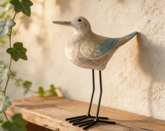 Wooden Shorebird Figurine, Coastal Bird Decor, Hand Painted Seabird Statue, Beach House Shelf Accent, Rustic Nautical Gift