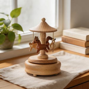 Può includere: Un carillon a carosello in legno con tre statuette di cavalli marroni e beige. La giostra ha una tettoia e una base in legno chiaro, con una piccola palla in cima. Il carillon è appoggiato su un panno beige.