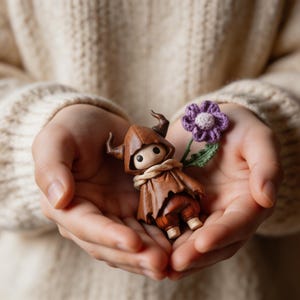 Handmade style fantasy doll decor with horned hood and storybook inspired character details
