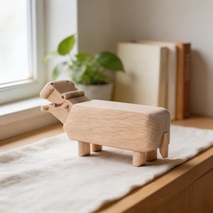 May include: A wooden sheep figurine with a hinged head and rectangular body. The light-colored wood sheep is displayed on a neutral-colored fabric, with a window and potted plant in the background. The sheep measures approximately 7 inches long.