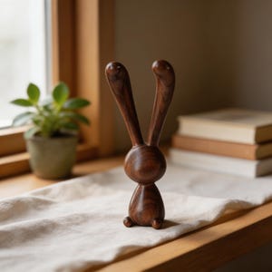 May include: A dark brown wooden bunny figurine with a smooth, polished finish. The sculpture has long, curved ears and a rounded body, standing on a small base. The bunny is displayed on a wooden surface near a window, with a small potted plant and books in the background.