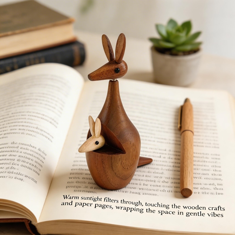 Handmade wooden kangaroo figurine with baby in pouch on an open book