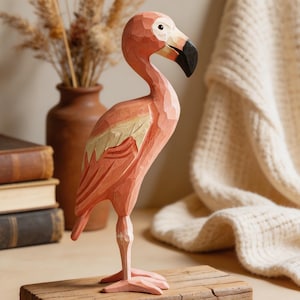 Wooden Flamingo Figurine, Pink Flamingo Decor,Bird Shelf Decor, Tropical Home Accent,Cute Animal Statue,Beach House Gift, Nursery Desk Decor