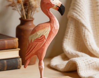 Wooden Flamingo Figurine, Pink Flamingo Decor,Bird Shelf Decor, Tropical Home Accent,Cute Animal Statue,Beach House Gift, Nursery Desk Decor
