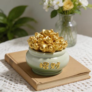 May include: A light green ceramic pot filled with gold-colored ingots, resting on a closed book. The pot has gold Chinese characters on the front. A vase of flowers is in the background.
