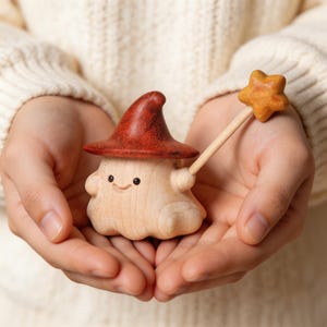 May include: A small, light-colored wooden figurine shaped like a ghost wearing a dark reddish-brown pointed hat. The figure has two small black eyes, a simple carved smile, and holds a thin wooden wand topped with a small, textured star.