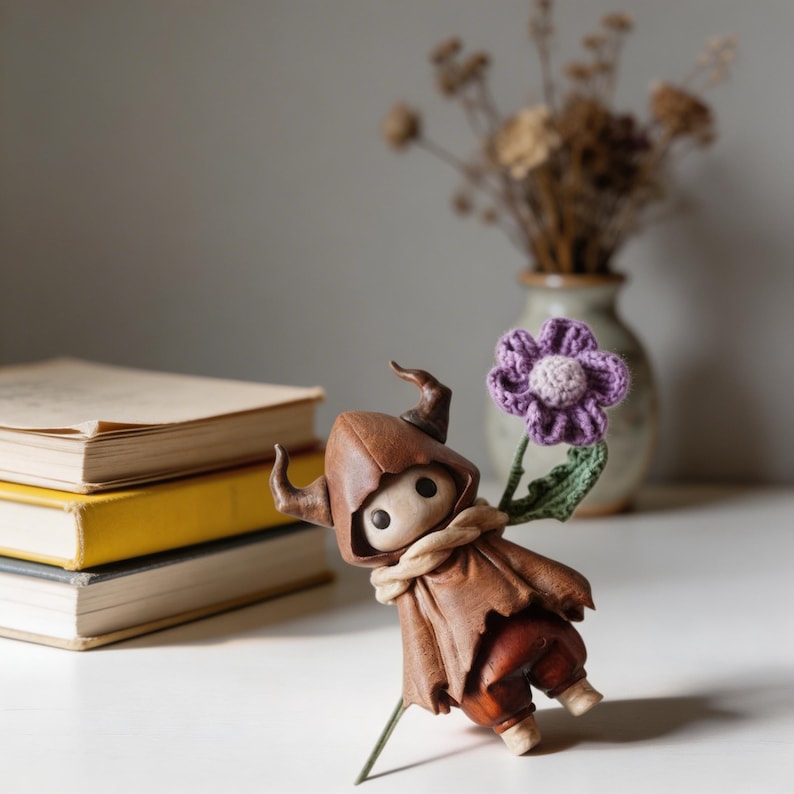 Hooded doll decor in warm brown tones for gothic cottagecore shelf styling and book nook display