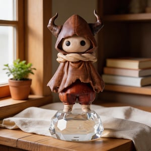 Fantasy figurine with a horned hood displayed on a rustic wood block beside books and dried flowers