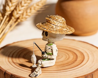 Fishing Skeleton Figurine, Gothic Desk Decor, Cute Bookshelf Skeleton, Spooky Collectible Gift