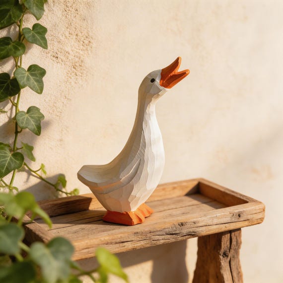 Hand Carved Wooden Goose Figurine, White Goose Decor, Farmhouse Shelf Decor, Cottagecore Animal Statue, Rustic Goose Lover Gift