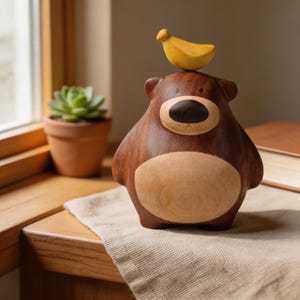 Drewniana figurka misia z ptakiem, dekoracja półki z misiem, rustykalna figurka leśnego zwierzęcia, uroczy wystrój pokoju dziecięcego, ręcznie robiona ozdoba na biurko