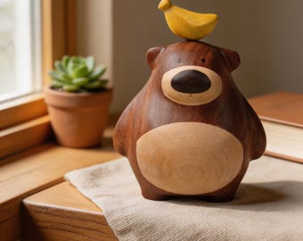 Wooden Bear Figurine with Bird, Bear Shelf Decor, Rustic Woodland Animal Statue, Cute Cabin Nursery Decor, Handcrafted Style Desk Ornament