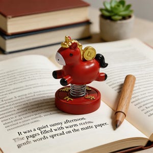 May include: A red horse figurine with gold accents and a coin on its back, mounted on a spring. The figurine is on a red base with gold Chinese characters. The text on the page reads, "It was a quiet sunny afternoon."