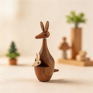 Handmade animal figurine with baby kangaroo detail and smooth wood grain