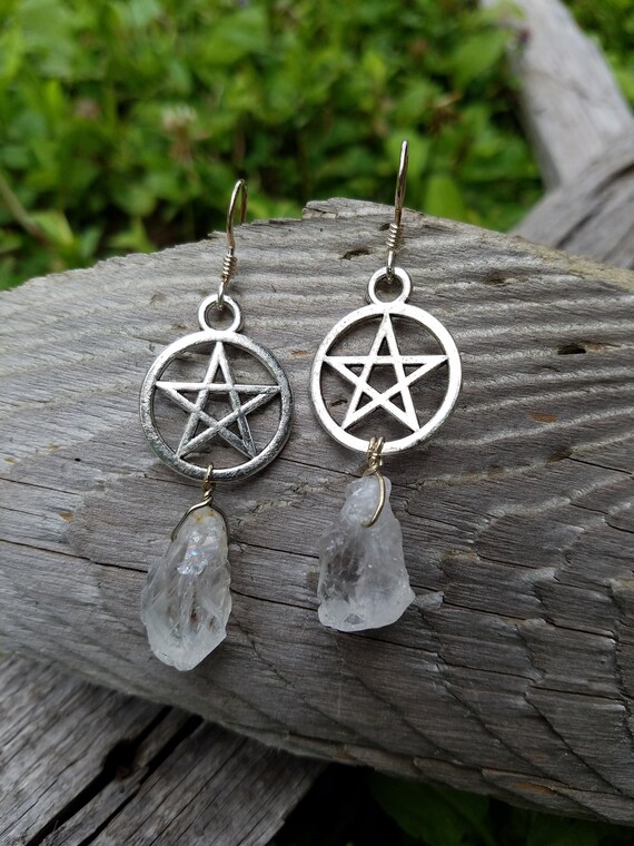Silver pentagram crystal earrings
