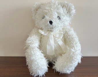 Bear white frizzy 11” plush seated toy at VelmasVintageToys