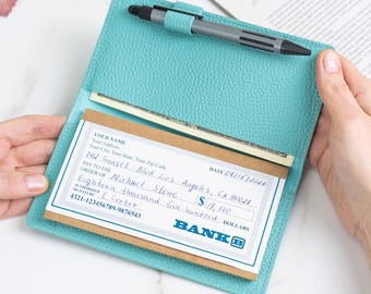 Personalized Leather Checkbook Cover, Custom Engraved Checkbook Holder, Gift for Her, 6 Colors